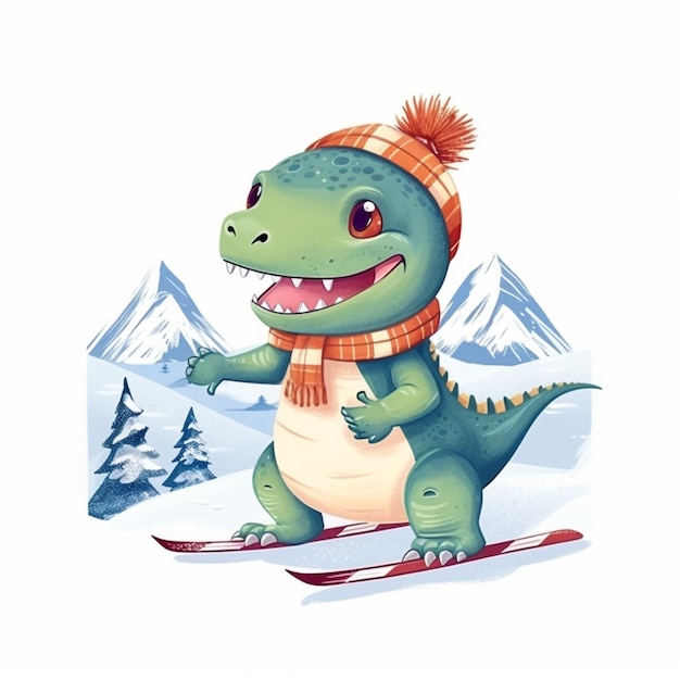 Dinozaur z kreskówki na desce śnieżnej w śniegu z górami w tle generatywny ai