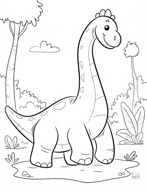 Zdjęcie dinozaur z kreskówki stojący w trawie z drzewami i krzewami generatywny ai