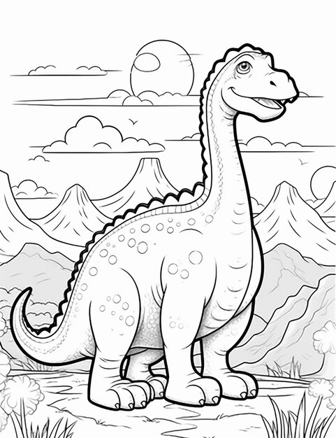 Dinozaur z kreskówki stojący w trawie z górami w tle