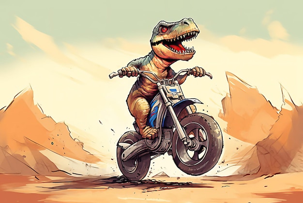 Dinozaur z kreskówki Trex na motocyklu