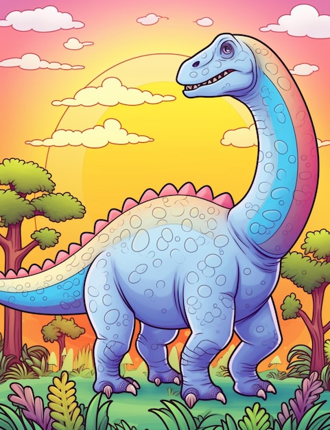 Dinozaur z kreskówki w dżungli z zachodem słońca w tle.