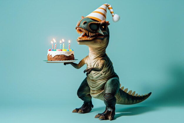 Dinozaur z tortem urodzinowym i świecami na niebieskim tle