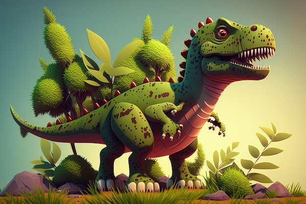 Dinozaur z zielonym t-rexem na grzbiecie