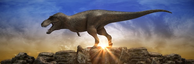 Dinozaury na skalnej górze o zachodzie słońca. renderowanie 3d