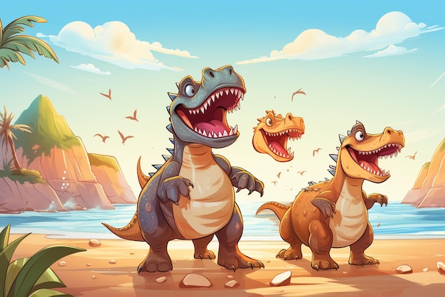 Dinozaury z kreskówek są na plaży w stylu żywych tło scenicznych