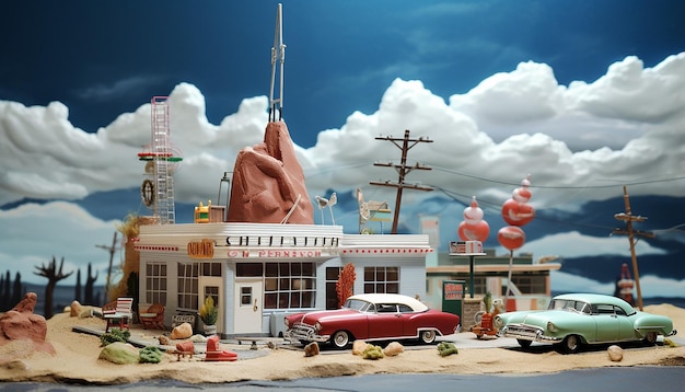 Diorama Americana z lat 50. XX wieku przedstawiająca szczegółowy retrofuturyzm z bliska