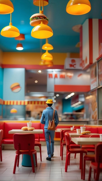 Diorama Fast Food Store Mężczyzna jedzący hamburger frytki Restauracja wewnętrzna Miniaturowa Mikrofotografia