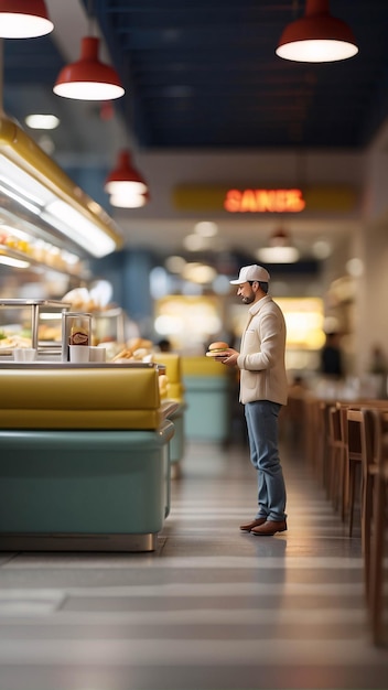 Diorama Fast Food Store Mężczyzna Jedzący Hamburger Frytki Restauracja Wewnętrzna Miniaturowa Mikrofotografia