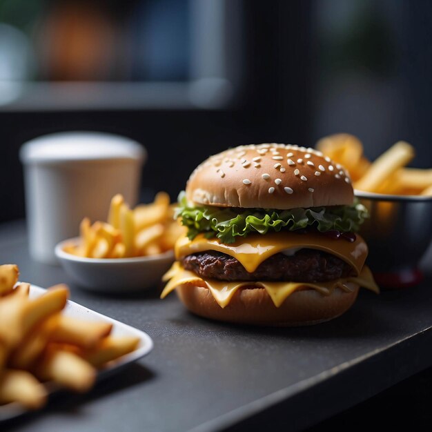 Diorama Fast Food Store Mężczyzna jedzący hamburger frytki Restauracja wewnętrzna Miniaturowa Mikrofotografia