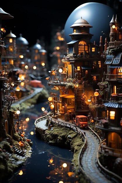 Zdjęcie diorama miasta scifi z latającymi samochodami