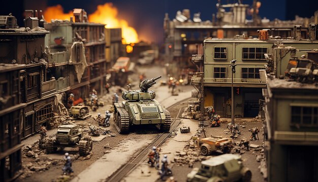 Diorama przedstawiająca strefę działań robotycznych z 2049 r. Cyfrowa miniatura działań wojennych
