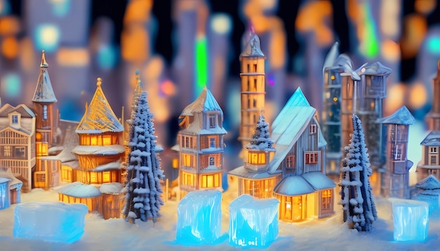 Zdjęcie diorama winter wonderland małe drewniane miasto nocą