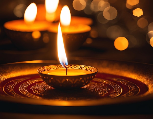 Diwali diya lub gliniana lampa przed rozmytymi światłami Zdjęcie generowane przez AI