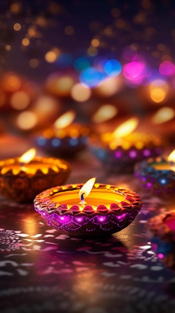 Diwali festiwal świeca światło diwali ostre lampy Diya oświetlone na kolorowych rangoli