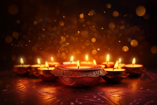 Diwali Lub Deepavali Festiwal Złote Lampy Z światłem świecy W Ciemnej Nocy Bokeh Tła