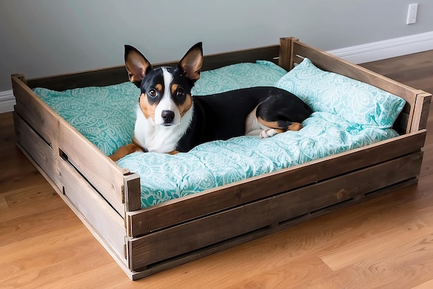 DIY drewniane łóżko dla zwierząt z przytulną pościelą