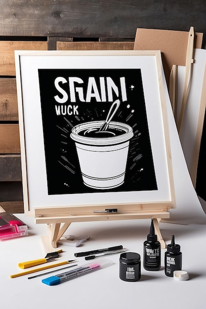 Zdjęcie diy screen printing workshop typy atramentów mockup sygnalizacji z pustą białą pustą przestrzenią do umieszczenia projektu