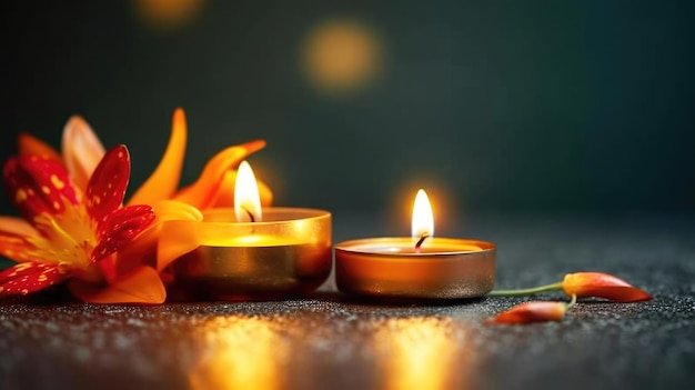 Diya gliniane lampy są zapalone podczas indyjskiej uroczystości Diwali Projekt kartki powitalnej Indyjski hinduski festiwal światła Diwali generatywny ai