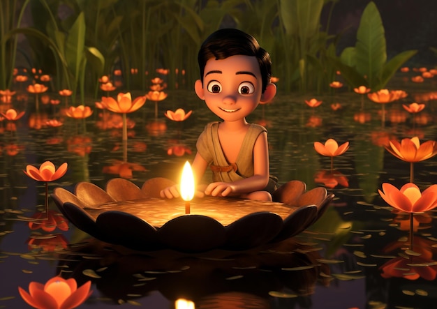 Diya pływająca w stawie lotosowym Diwali stock images cartoon illustration art