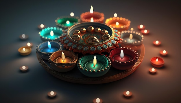 Diya zapalone lampy na rangoli Koncepcja obchodów Diwali Generacyjna sztuczna inteligencja