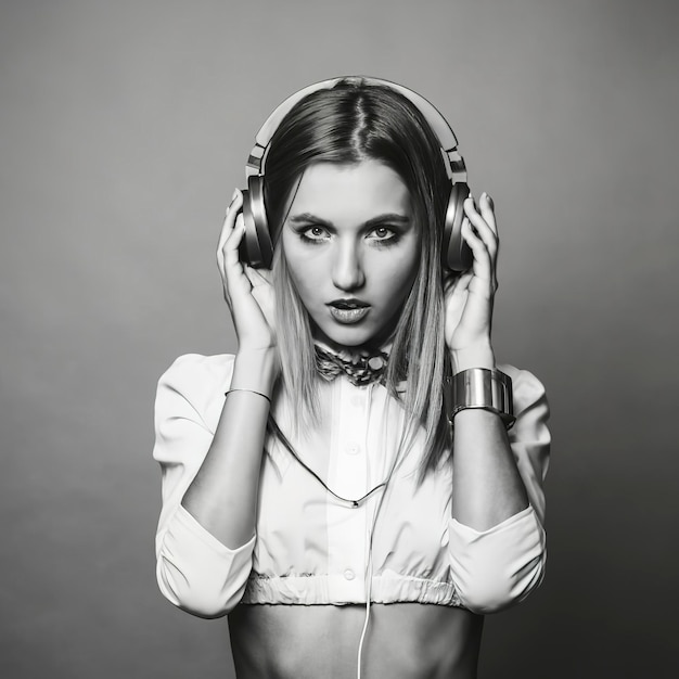 Dj Girl Monochromatyczny styl imprezowy Stylowe słuchawki koncepcja miłośnika muzyki