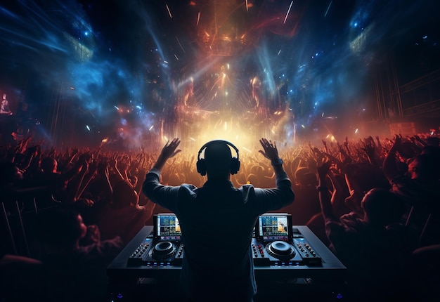 DJ gra i miksuje muzykę na imprezie w klubie nocnym w nocnym klubie muzyki tanecznej EDM z tłumem