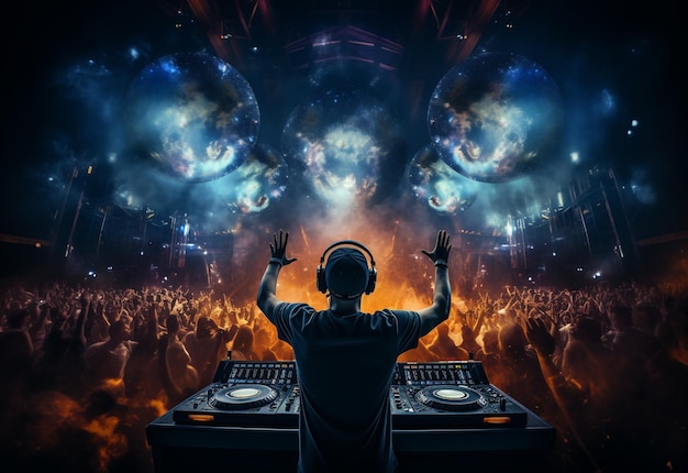DJ gra i miksuje muzykę na imprezie w klubie nocnym w nocnym klubie muzyki tanecznej EDM z tłumem