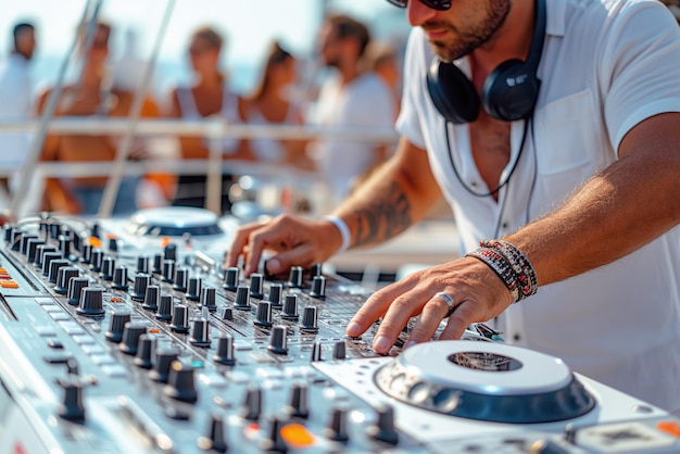 DJ miesza muzykę na konsoli mikseru na luksusowej imprezie na jachcie na morzu latem na wakacjach