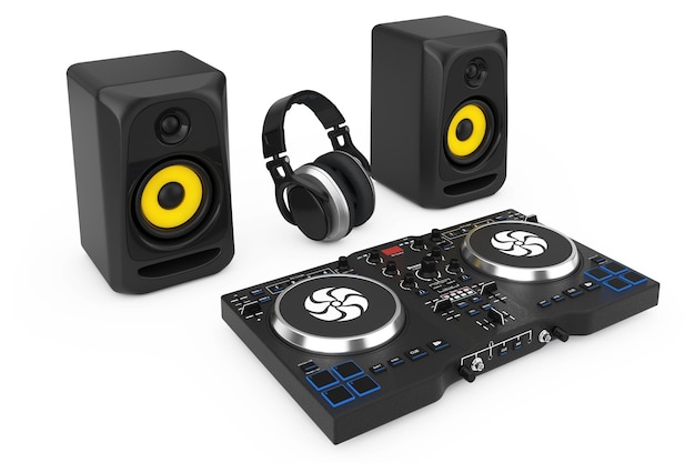 DJ Mixing gramofon z głośnikami i słuchawkami na białym tle. Renderowanie 3D