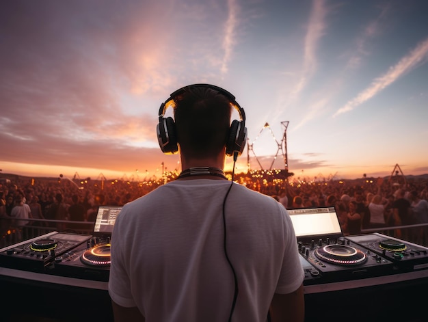 DJ patrzący na tłum o zachodzie słońca na festiwalu muzycznym na otwartym powietrzu Generative AI