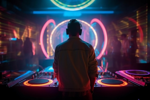 DJ przed neonem z napisem „club”.