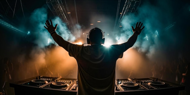 DJ stojący przed sceną z włączonymi światłami