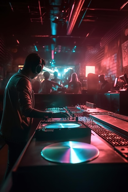 DJ w ciemnym pokoju z neonowym napisem DJ.