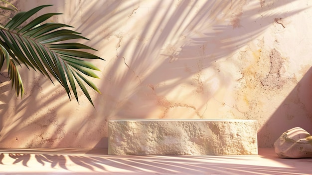 Dla wyświetlania produktów kosmetycznych naturalne piękno poduim tło z teksturą kamienia i tropikalnych liści palmy cień rendering 3D