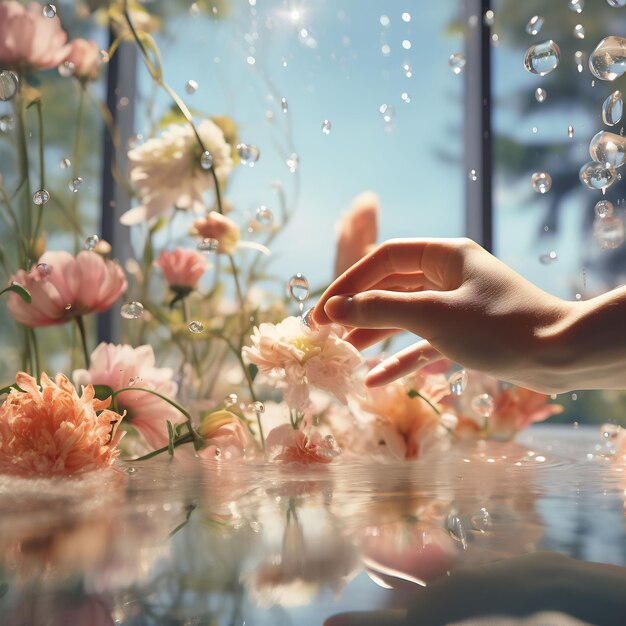 dłoń dotyka kropli wody z kwiatem w tle