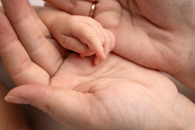 Dłoń noworodka w dłoniach rodziców. Zbliżenie na małą rączkę dziecka oraz dłonie matki i ojca. Koncepcja rodzicielstwa, opieki nad dziećmi i opieki zdrowotnej.