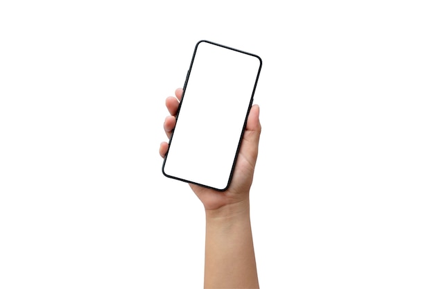 Dłoń trzymająca biały ekran smartfona ze ścieżką przycinającą na białym tle