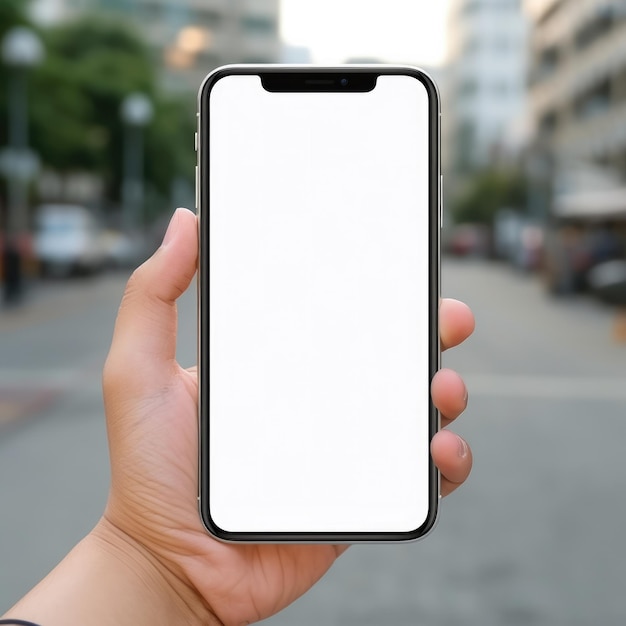 Dłoń trzymająca czarny smartfon z makietą pustego białego ekranu na rozmytym tle ulicy Telefon z nowoczesnym bezramowym designem dla aplikacji internetowej i reklamy