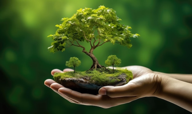 Dłoń trzymająca drzewo na małej grudce gleby Tło natury Koncepcja ekologiczna