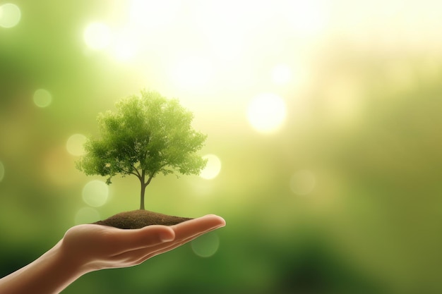 Dłoń trzymająca drzewo na rozmycie zielonym tle przyrody Zielone środowisko koncepcja dnia ziemi