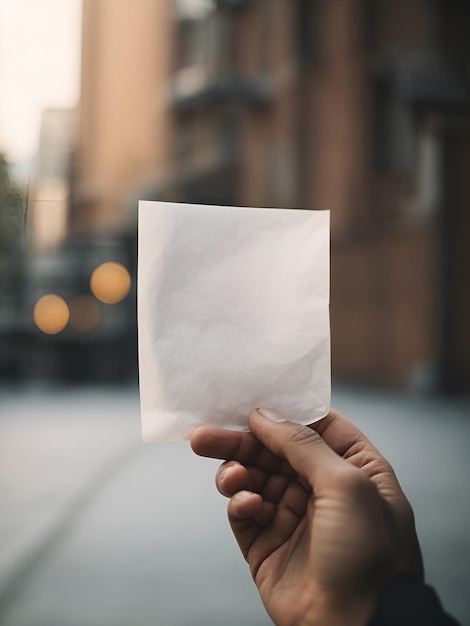 dłoń trzymająca kawałek zwykłego białego papieru z rozmytym tłem wygenerowanym przez sztuczną inteligencję