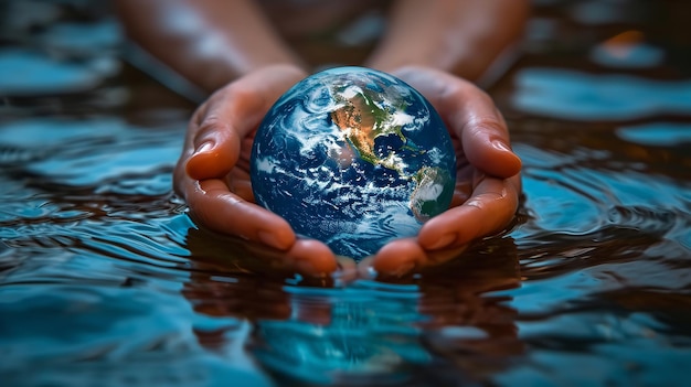 Dłoń trzymająca koncepcję Światowego Dnia Wody w celu promowania ochrony środowiska Generacyjna sztuczna inteligencja