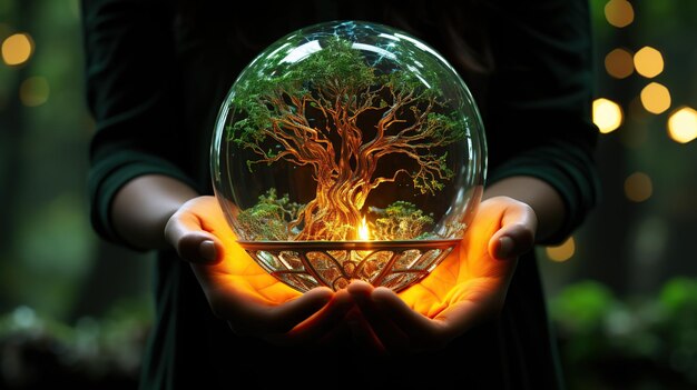 Dłoń trzymająca kryształową kulę z neonowym drzewem Koncepcja fantasy