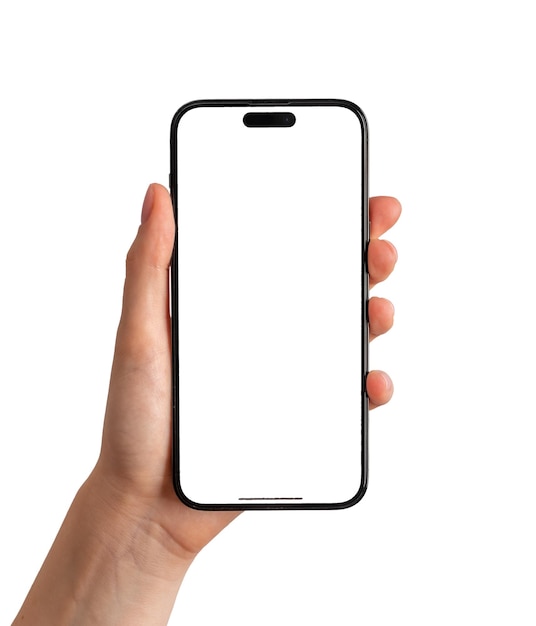 Dłoń trzymająca makieta ekranu telefonu komórkowego iphone makieta izolowana na białym tle