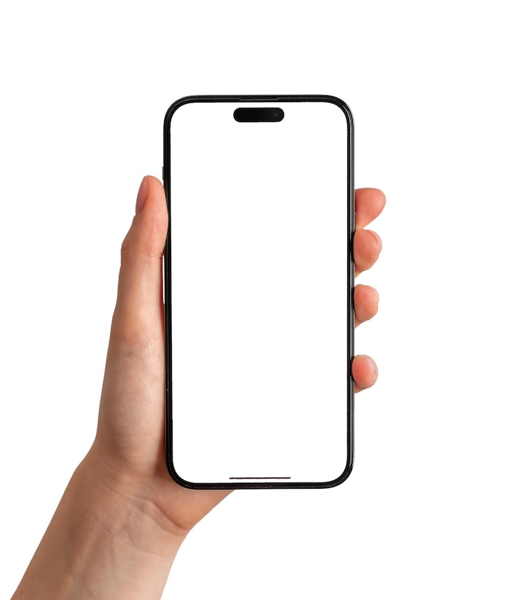 Zdjęcie dłoń trzymająca makieta ekranu telefonu komórkowego iphone makieta izolowana na białym tle