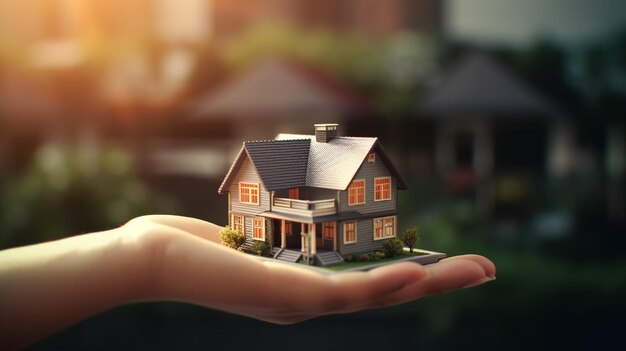 Dłoń trzymająca nieruchomość domową i model nieruchomości