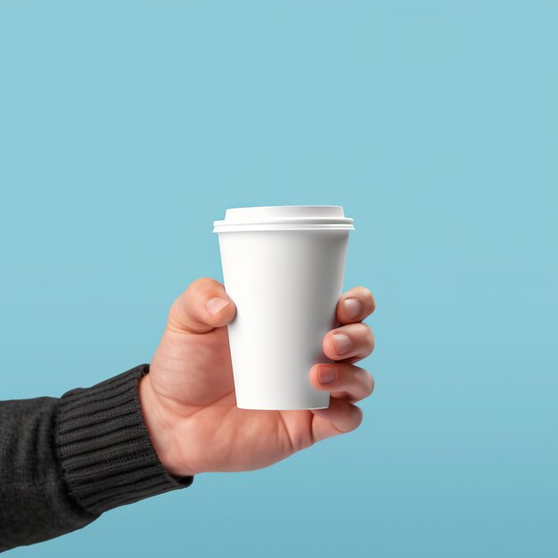 Dłoń trzymająca pustą filiżankę kawy na wynos w stylu makiety Wygenerowano AI