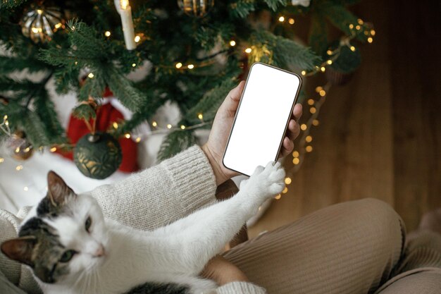 Dłoń trzymająca smartfon z pustym ekranem i przytulająca uroczego kota na tle stylowej świątecznej choinki ze złotymi światłami Makieta świątecznego telefonu Miejsce na tekst Szablon aplikacji do reklam świątecznych