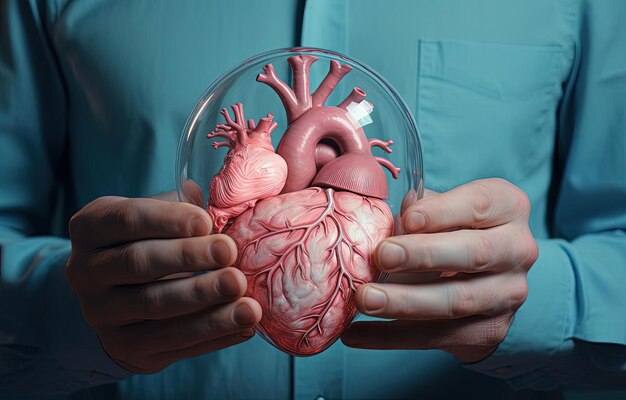 dłoń trzymająca soczewkę powiększającą Męski kształt serca z różową strukturą anatomiczną