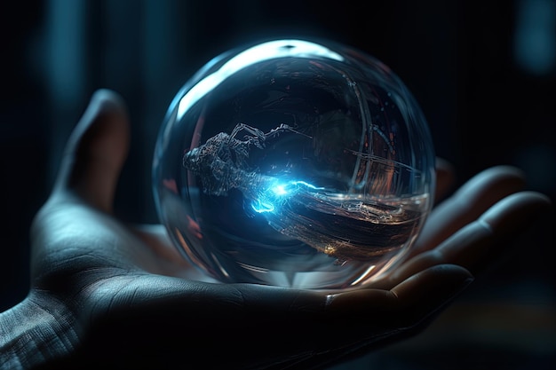 Dłoń trzymająca szklaną kulę z przedmiotami wewnątrz generatywnej sztucznej inteligencji